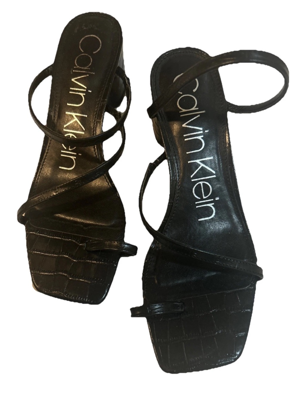 Calvin Klein Size 9.5 M BELMA 2 Black Leather Heeled Sandals With Toe Ring